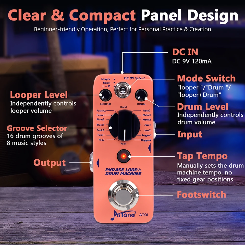 AITONE Series AT-01 Looper Pedal 8 Drum Styles 20 Minutes Looping Time Drum Mach