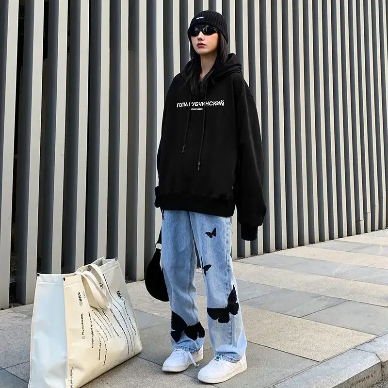Butterfly Light Blue Jeans Women's Harajuku Loose High Waist Straight Maxi Trousers Casual Denim Wide Leg Pants Woman