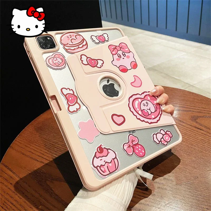 

Kirby Ipad Protective Case Sanrio Airbag Shockproof DIY Sticker Rotating Case Suitable for Ipad Pro 12.9 11inch Protective Case