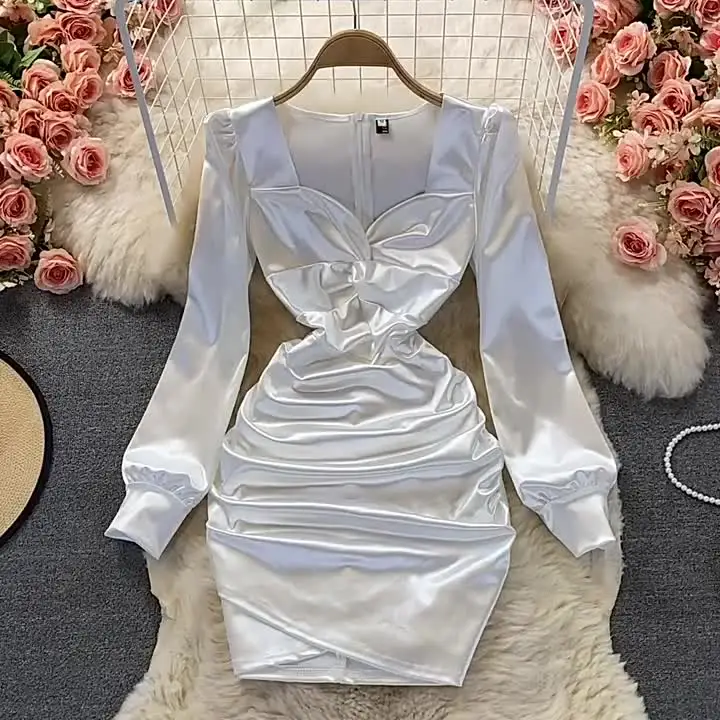 Autumn New Celebrity Sexy Square Neck Satin Dresses Long Sleeve Women White  Hip Wrap Slim Pleated Mini Short Dress 2025 - AliExpress 200000345