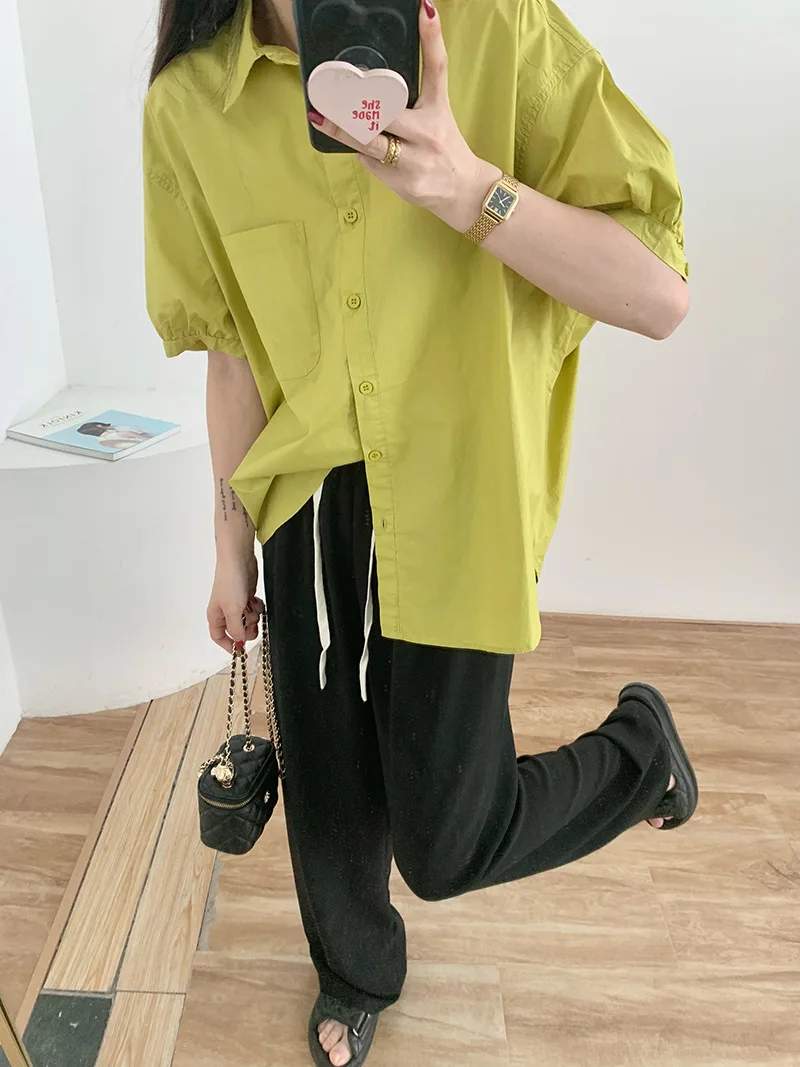 Oversized Cotton Shirt In Yellow green fro Woman 