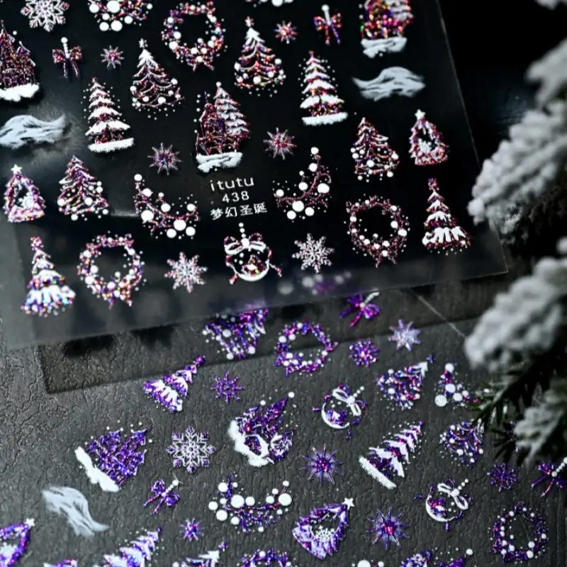Christmas Embossed Nails Art Stickers Dreamy Castle Christmas Tree Snowflake Self-Adhesive Manicure Decals Nail Decoration