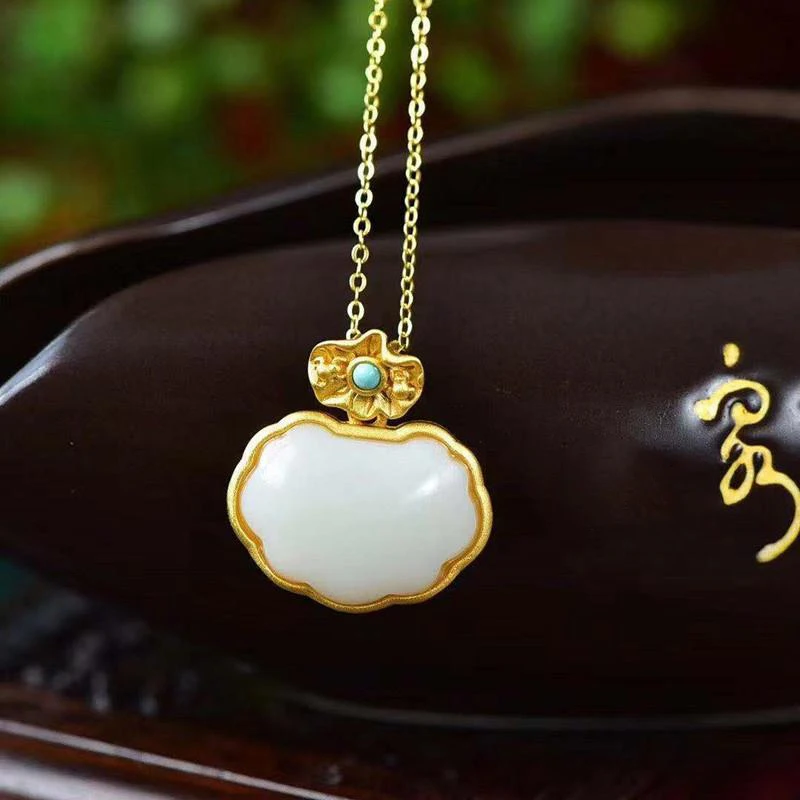 

Natural Hetian jade lotus canopy Pendant Necklace Chinese style retro unique ancient gold craft elegant women silver jewelry
