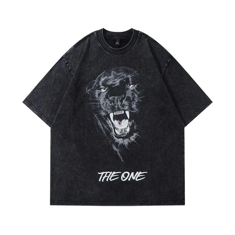 

Fashionable American Street Panther Printed T-shirt Summer Men Y2K Personalized Hip Hop Retro Gothic Loose oversized T shirt top