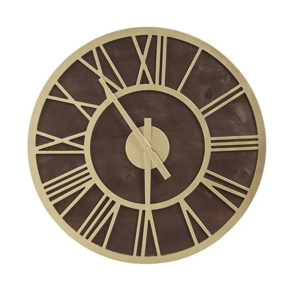 

23.6" Wood Wall Clock Roman Numerals Gold Frame Brown Round Indoor Unique Piece Variations Analog Display AA Battery Excluded