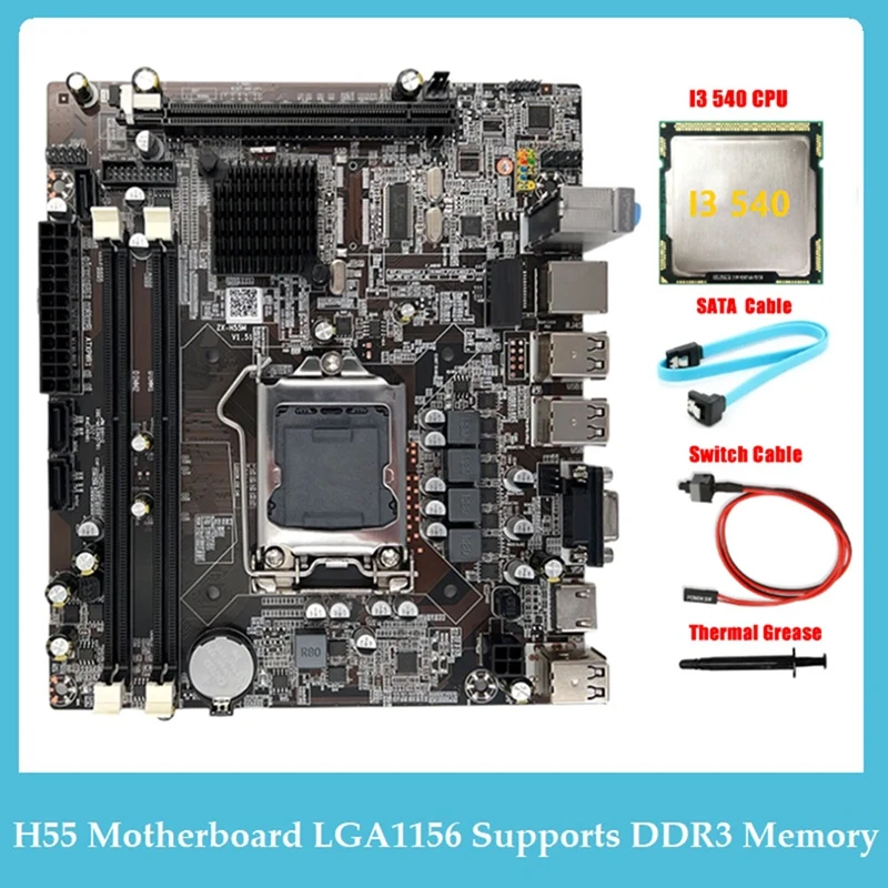 

H55 Motherboard LGA1156 Supports I3 530 I5 760 Series CPU DDR3 Memory +I3 540 CPU+SATA Cable+Switch Cable+Thermal Grease