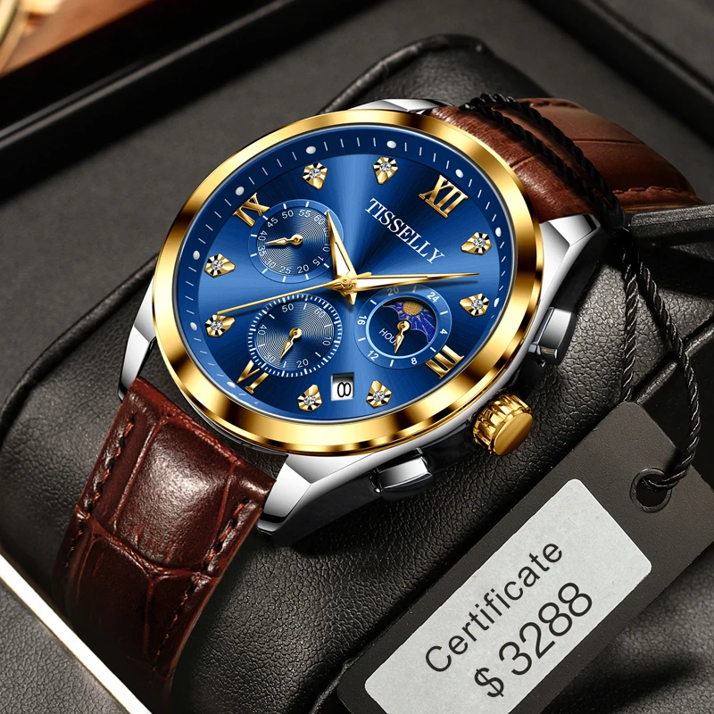 

TISSELLY Brown Quartz 30M Waterproof Chronogra Geunine Leather Watch men wrist watch from Watch Factory