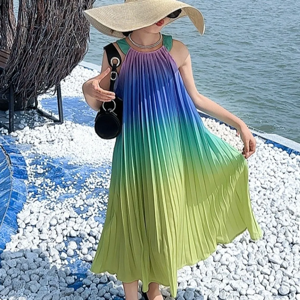 Sleeveless Children Beach Vacation Skirt Holiday Ruffled Kids Suspenders Pleated Dress Princess Gradient Color