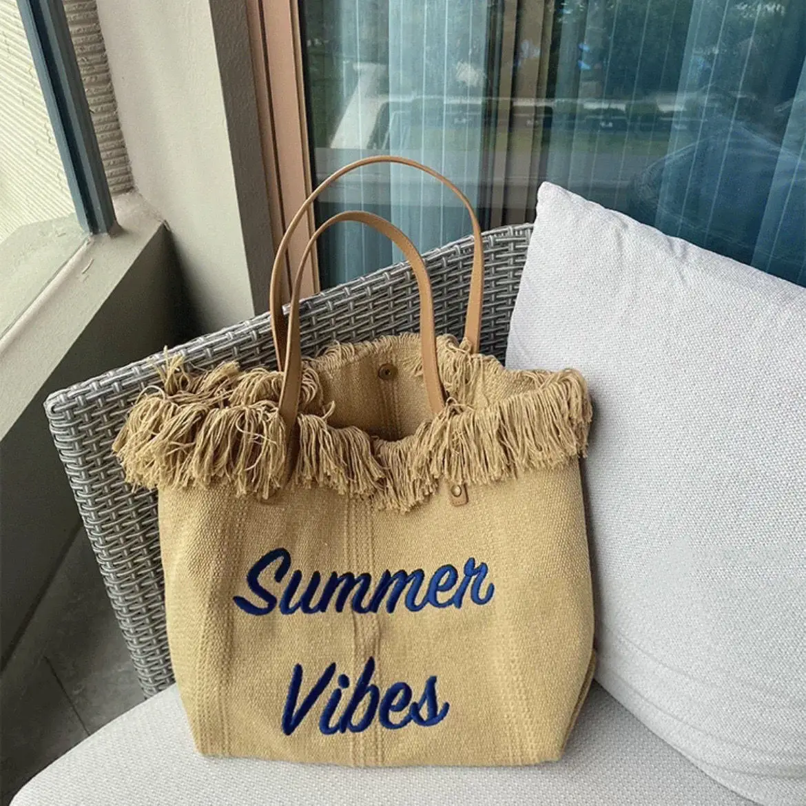 New Beach Canvas Tassels Bags Travel Tote Large Capacity Handbags Women's Fashion Simple Shoulder Bags Shopping