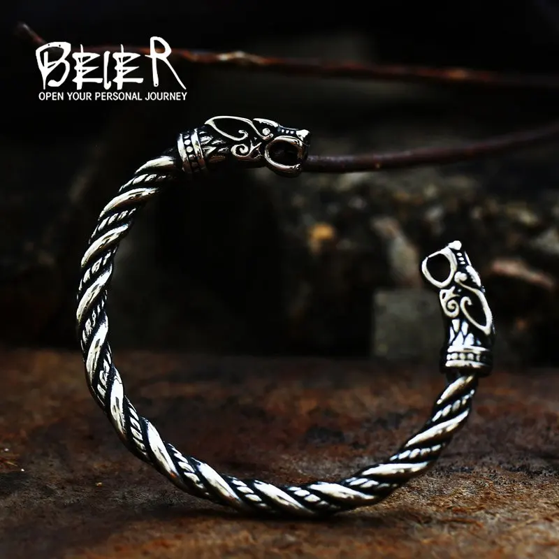 Beier Classic Animal Viking Double Wolf Head Adjustable 316L Stainless Steel Men's Bracelet Fashion Double Snake Heads Jewelry bangle bracelet stainless steel bracelet snake bangle bracelet