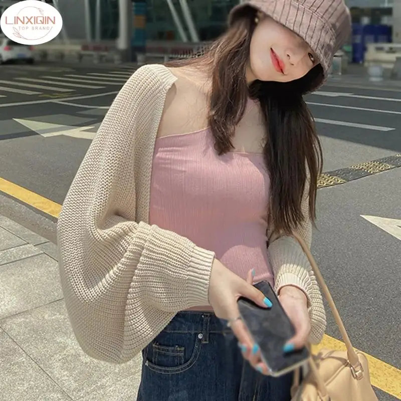 

LINXIQIN Women Long Sleeve Knitted Crop Top Chic Cardigans Sexy Shawl Irregular Bolero Elegant All-match Korean Style Femme