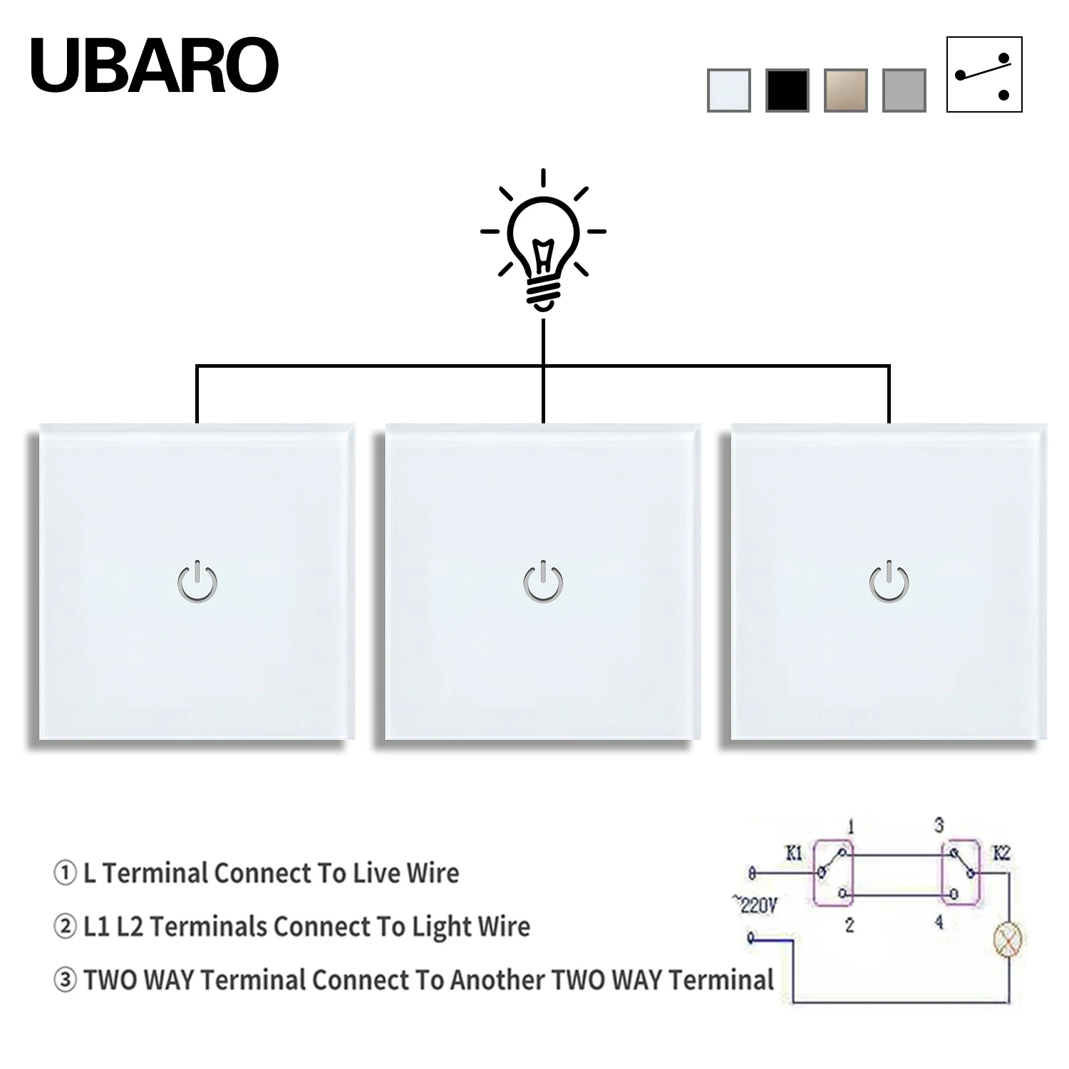 Фото Сенсорный выключатель UBARO Eu 86 Series 1Gang 3Way Touch Dual, панель из закаленного стекла, сенсорный переключатель для лестниц, спальни, сменные переключатели 220 в 2000 Вт №1