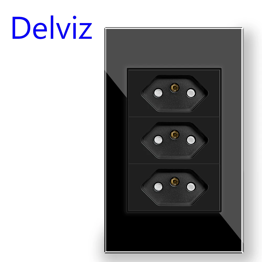 Delviz Brazil Standard Socket, 120mm*72mm Crystal Glass Panel,White/Black,AC 110V~250V, 3gangs 3 Pins hole 10A Power Wall Outlet
