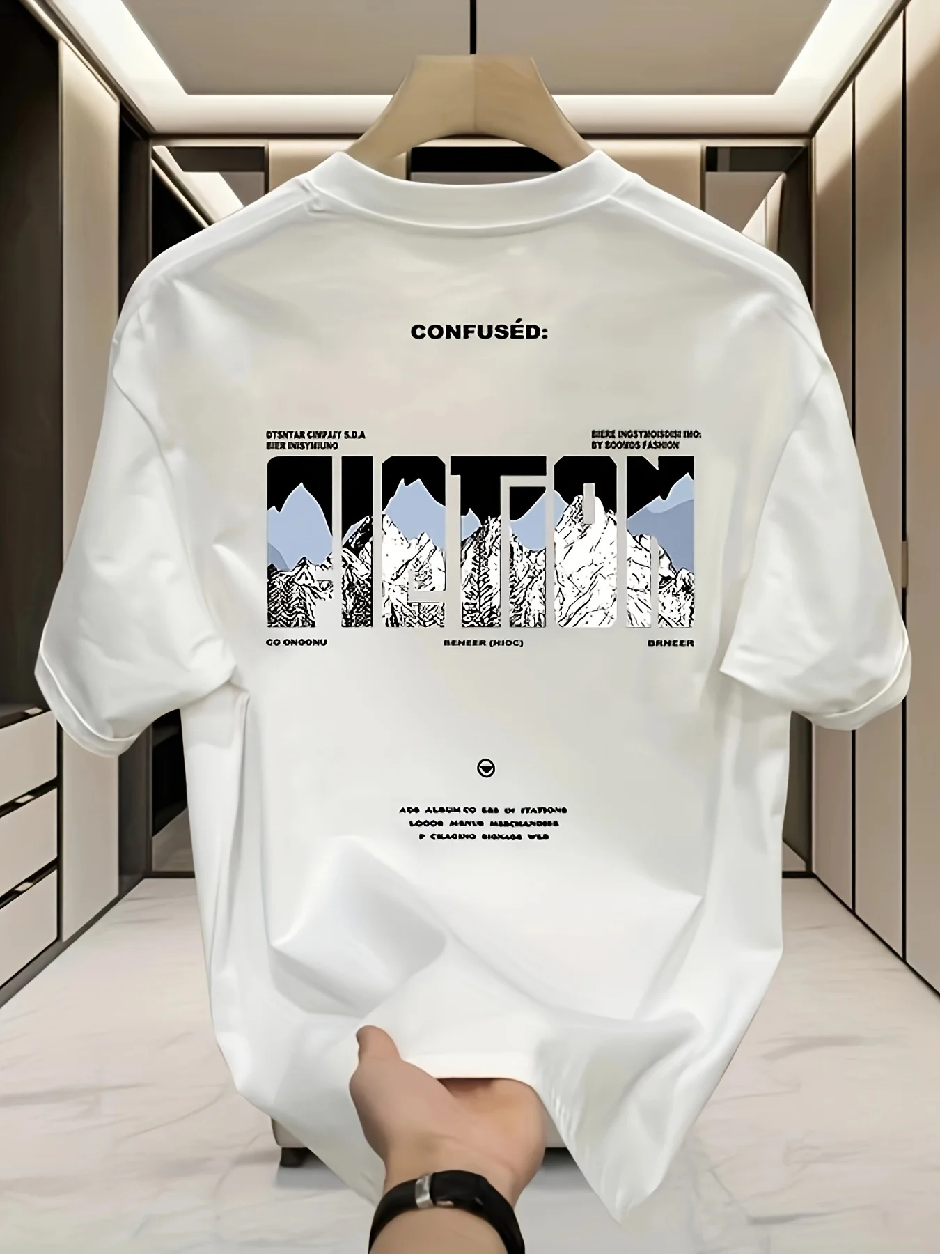 Men's Oversized T-shirt "Confused" Mountain Pattern Casual Cotton Short Sleeved Top