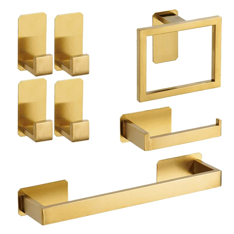 Self-adhesive Golden Bathroom Hardware Accessories Set Stainless Steel Toilet Paper Holder Towel Bar Hook Bathroom Accessories