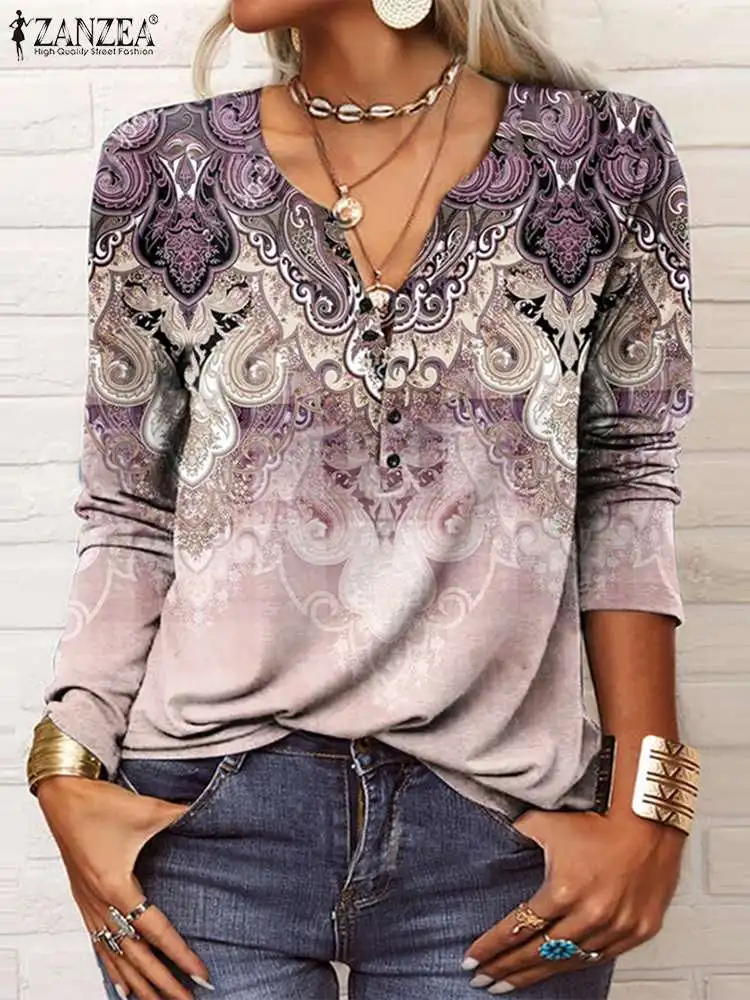 

ZANZEA Bohemian Printing Sweaters Woman Long Sleeve V Neck Jumpers Spring Fashion Party Pullovers Casual Holiday Chemise 2024
