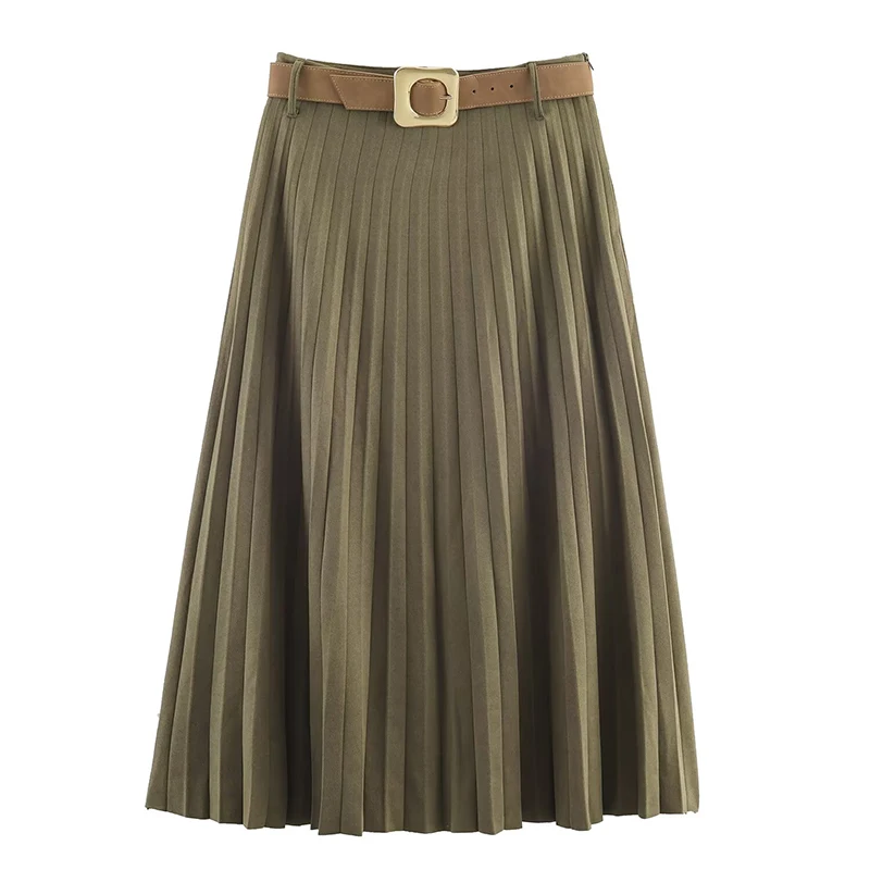 Chic Elegant With Belt Long Skirts For Women Solid Pleated Midi Skirt Sagging Sense Women's Midi Skirt Temperament New Skirts