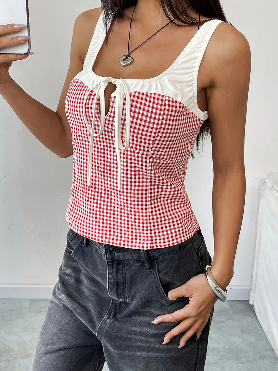 Women s Sleeveless Plaid Patchwork Tie-Up Front Tank Top with Casual Streetwear Style and Summer Fashion Design