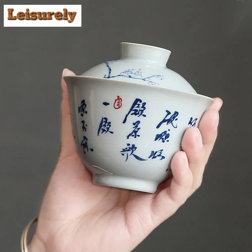 150ml Hand-painted Calligraphy Gaiwan Zen Grass Wood Gray Plum Tea Lid Set Tea Tureen Tea Maker Cover Bowl Tea Items Ornaments
