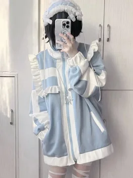 Felpe con cappuccio Kawaii con colletto alla coreana estetico giapponese Y2k Felpa con cerniera da donna Cappotti oversize Cappotto con toppa arricciata Grunge Harajuku 1