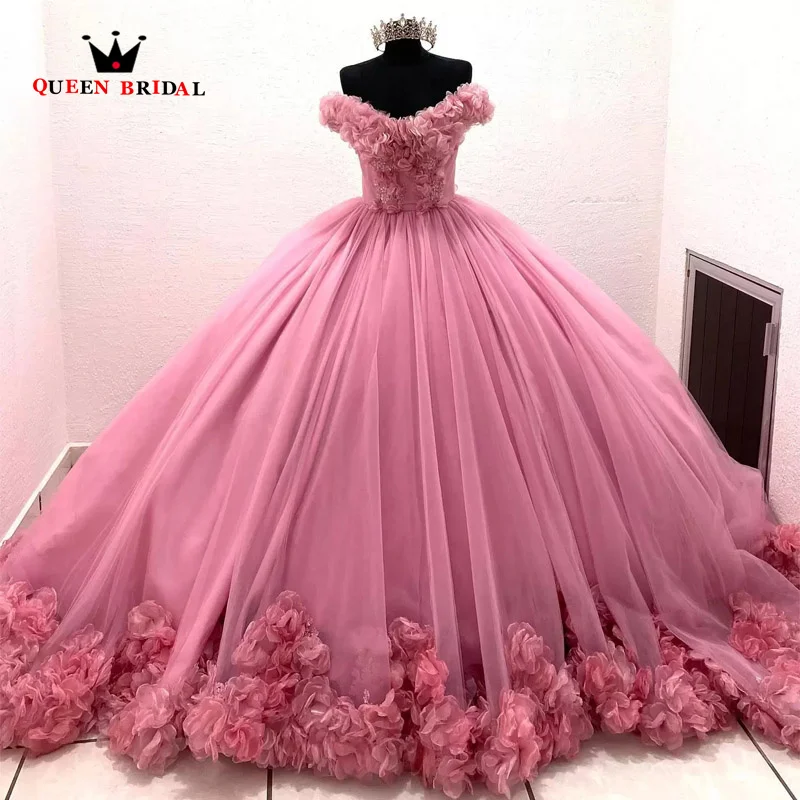 

Sweet 16 Pink Quinceanera Dresses Off the Shoulder Ruched Ball Gown Vestido De 15 Anos Applique Beaded Tulle Prom Gowns VF15