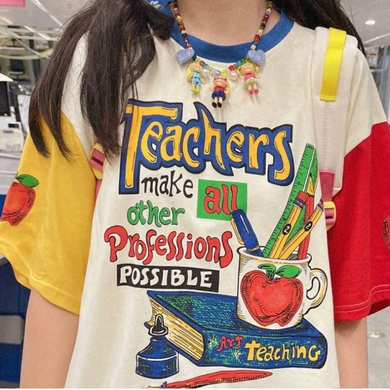 

Preppy Style Contrast T-shirt Women Retro Patchwork O-neck Casuai Basics Loose Letter Apple Book Print Sweet Summer Tops