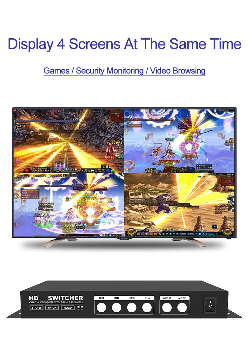 AMS-QMV H4 4K LED Video Splitter HD Quad Multi Viewer 4 In 1 Out Advertise Screens Switcher Divider Video For HD Converter