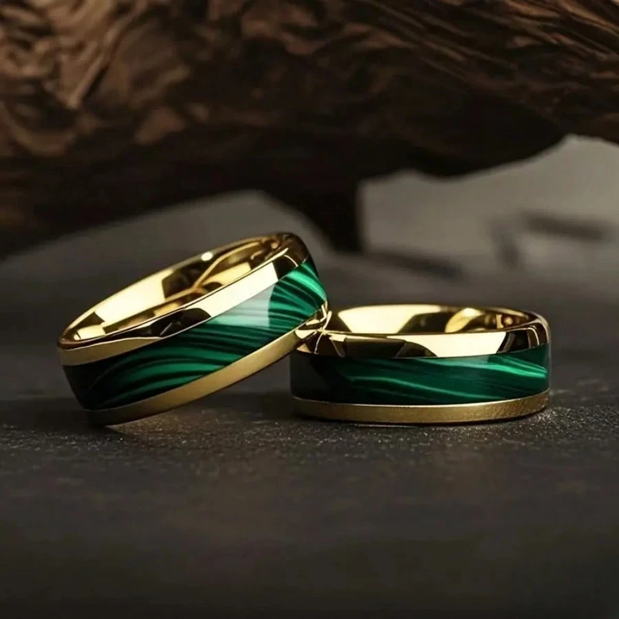 8MM Gold Color Stainless Steel Rings For Men Domed Green Abalone Shell Inlay Rings Wedding Engagement Jewelry Gift stainless steel ring