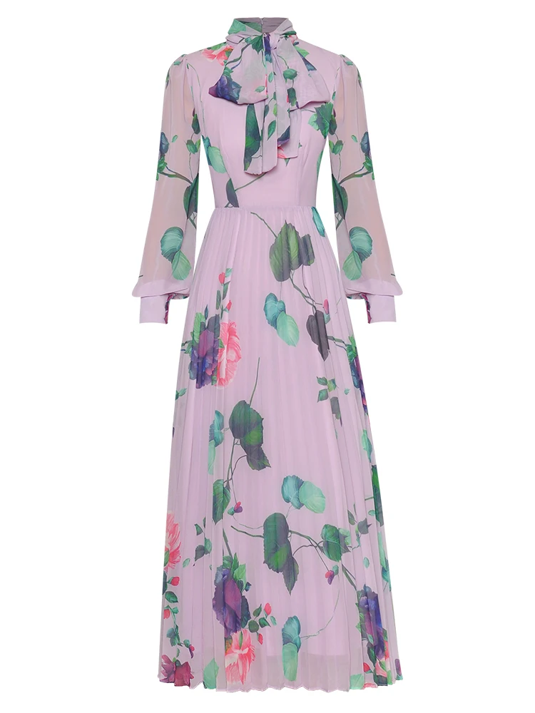 

Sweetsince Printed Dress Spring 2023 New Women's Lantern Sleeve Bow High Waist Big Swing Pleated Bohemian Dress Party Designer