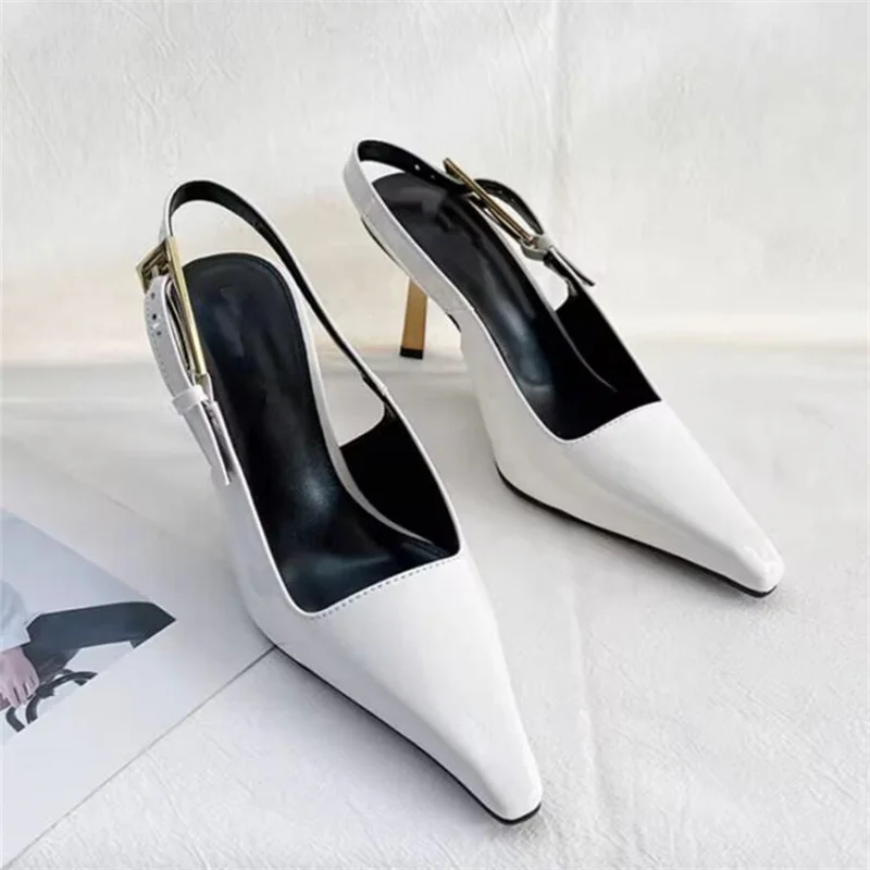 2024 Autumn/Winter New Women's Elegance High Heels Pointed Sexy Lacquer Leather Metal Buckle Thin Heel Wrapped Sandals