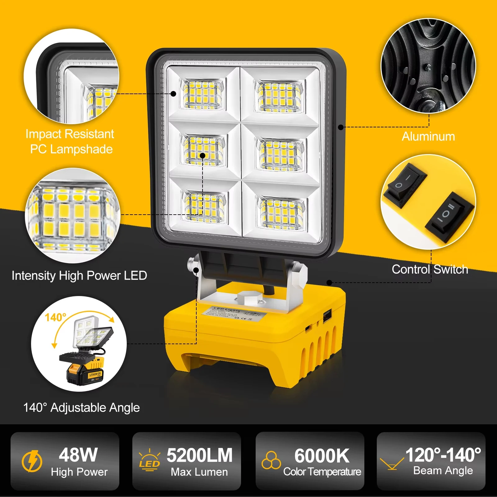 5200LM Portable 48W LED Work Light Cordless Work Light Adjustable Base Rechargeable LED Flood for DeWalt No Battery