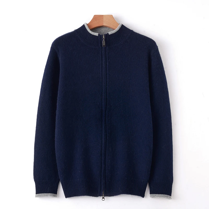 2023 Autumn/Winter New 100% Pure Cashmere Sweater Men's Half High Neck Knitted Zippered Cardigan Solid Color Wool Top Coat