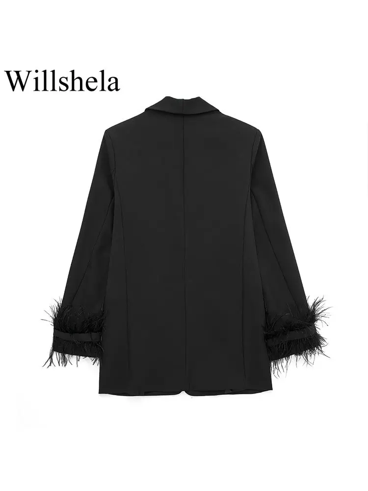 Willshela Women Fashion Satin Black With Feather Blazer Jacket Vintage Notched Neck Single Button Long Sleeves Female Outfits 2