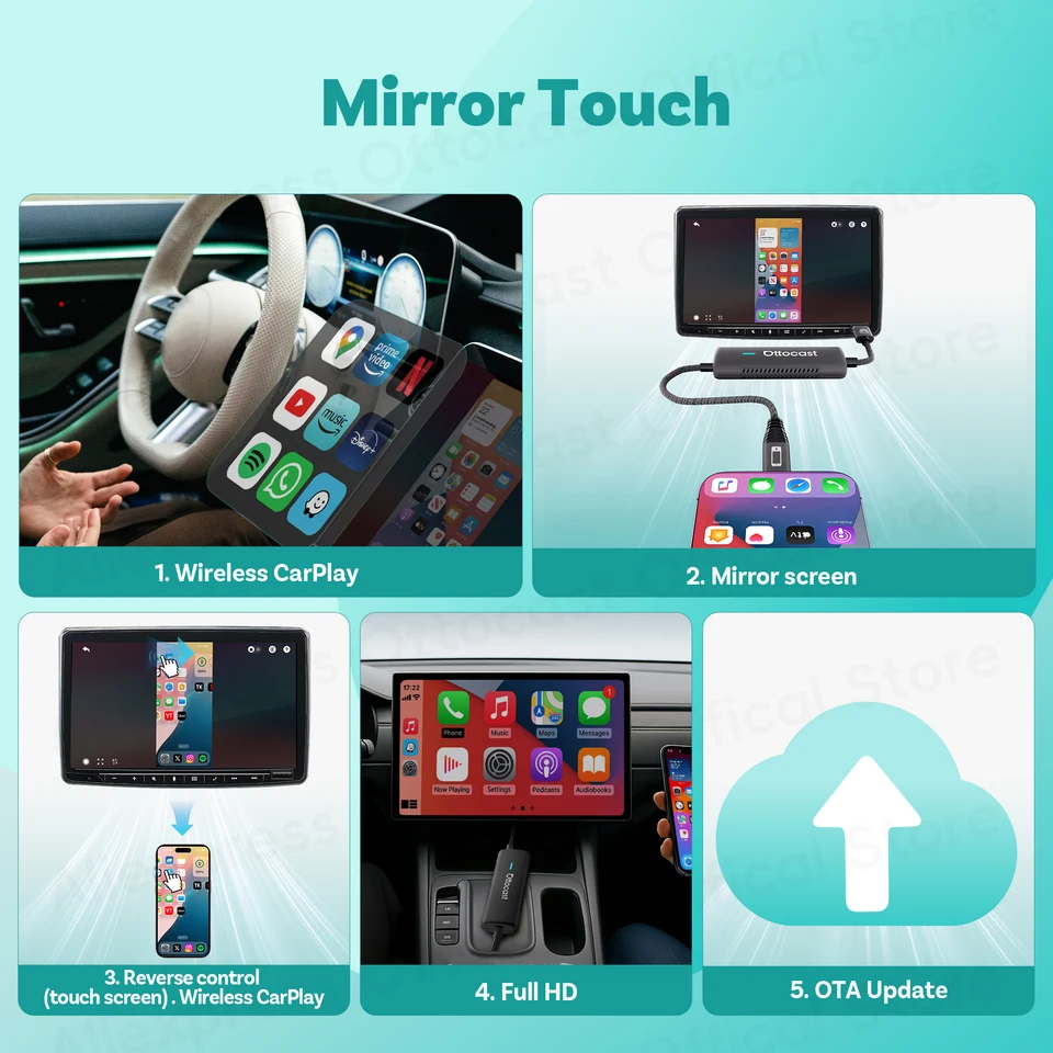 Ottocast Mirror Touch Wireless CarPlay Adapter for Phone Screen