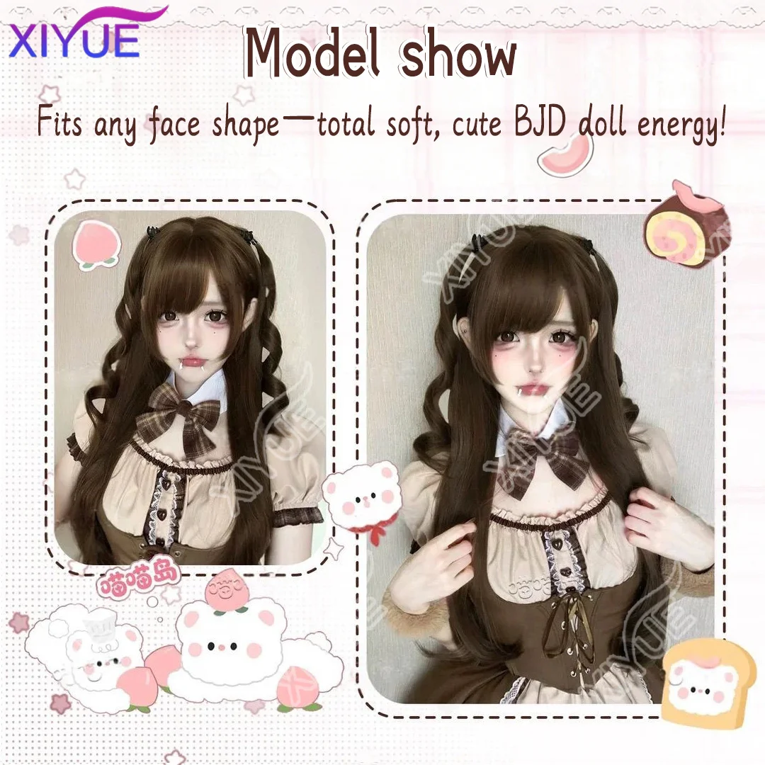 XIYUE Synthetic Brown Wigs Cosplay Wig Sweet Cute Lolita Wig Sideburns Double Ponytail Party Halloween synthetic Wig