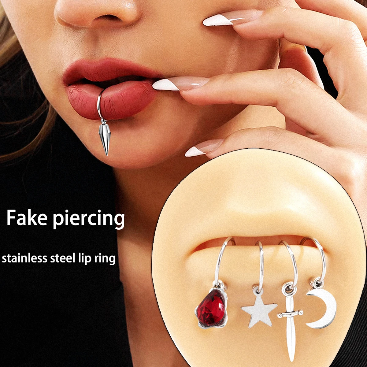 Closed Lip Piercing|10mm Copper Fake Lip Piercing Rings - 4pcs Labret &  Nose Clip Set