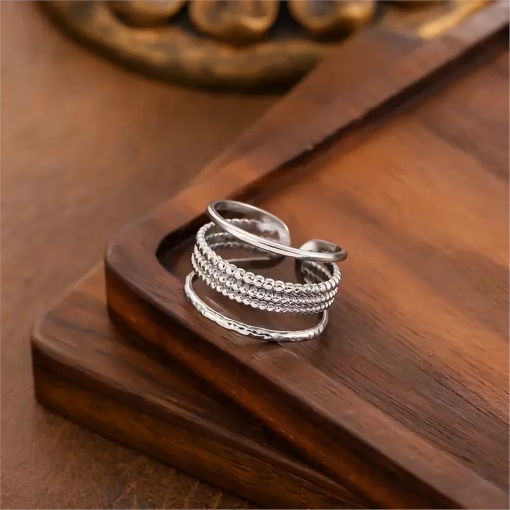 Stainless Steel Multi-Layered Bead Design Open Ring for Women Vintage Bohemian Stackable Ring Jewelry Accessory Gifts