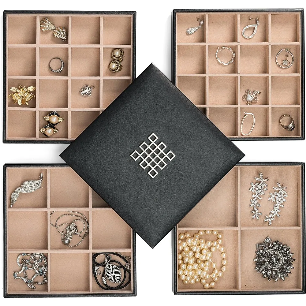 

Поднос-органайзер для сережек-4 Штабелируемых подноса с крышкой-45 ячеек для классического хранения ювелирных изделий