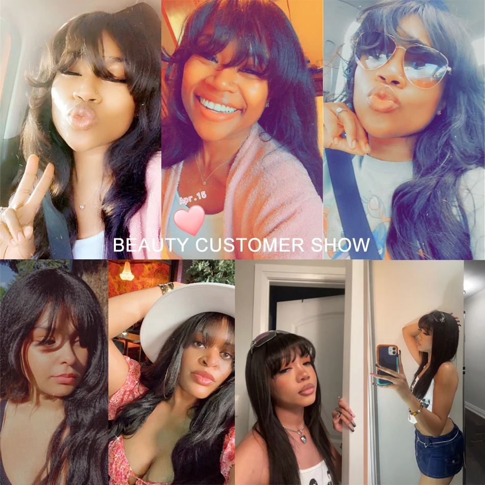 야키 인모 가발 앞머리 포함 브라질산 머신메이드 스캘프탑 가발 롱 웨이브 앞머리 가발 여성용 인모 180% 밀도