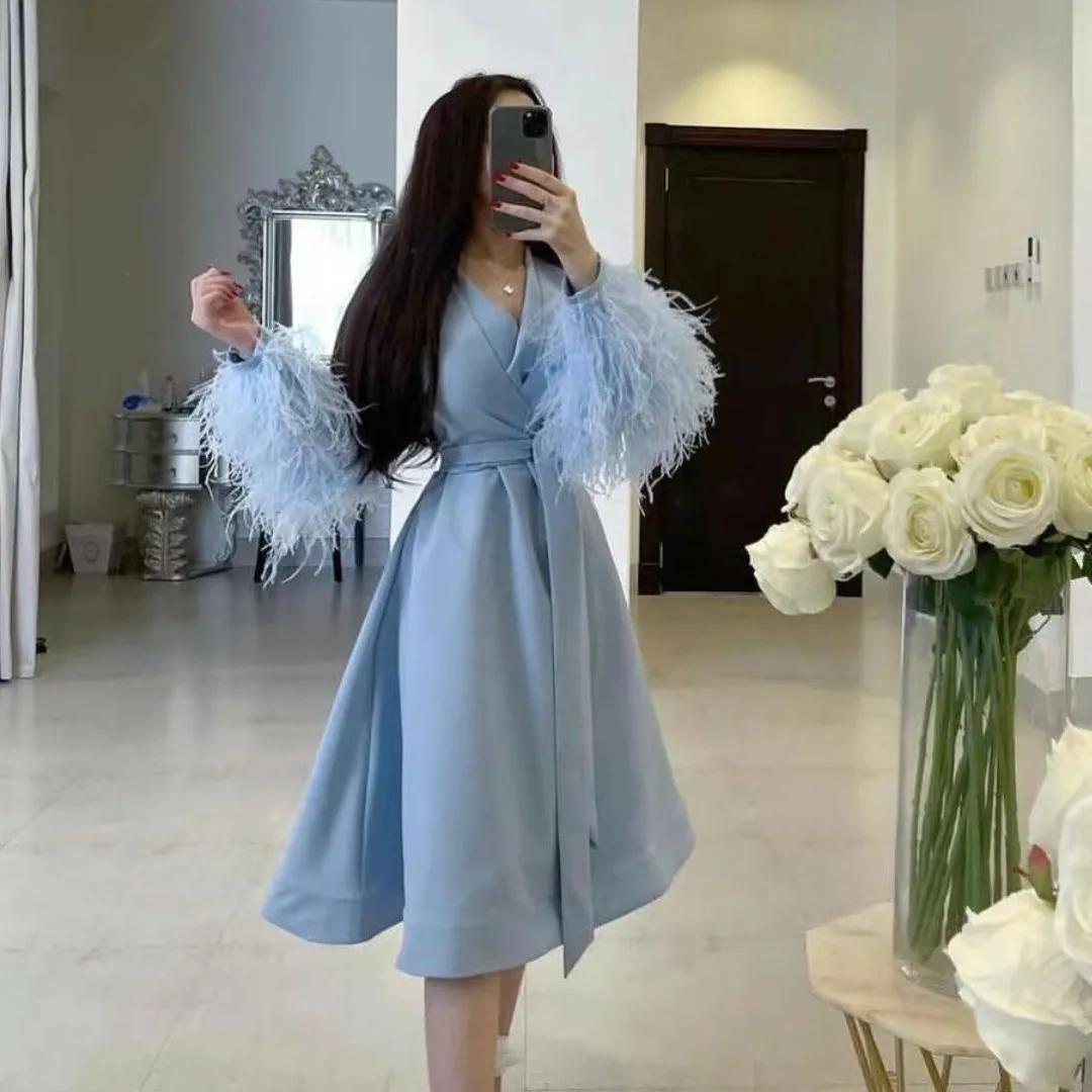

Koendye V Neck Prom Dresses with Feathers Long Sleeves Special Party Bride Weddings Tea Length A Line Birthday Formal Gowns2024