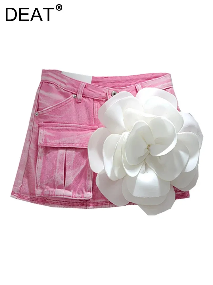 

DEAT Women's Denim Skirt Spliced Flowers Pockets Cargo A-line Wrap Hip High Waist Mini Skirts 2024 Summer New Fashion 29L7230