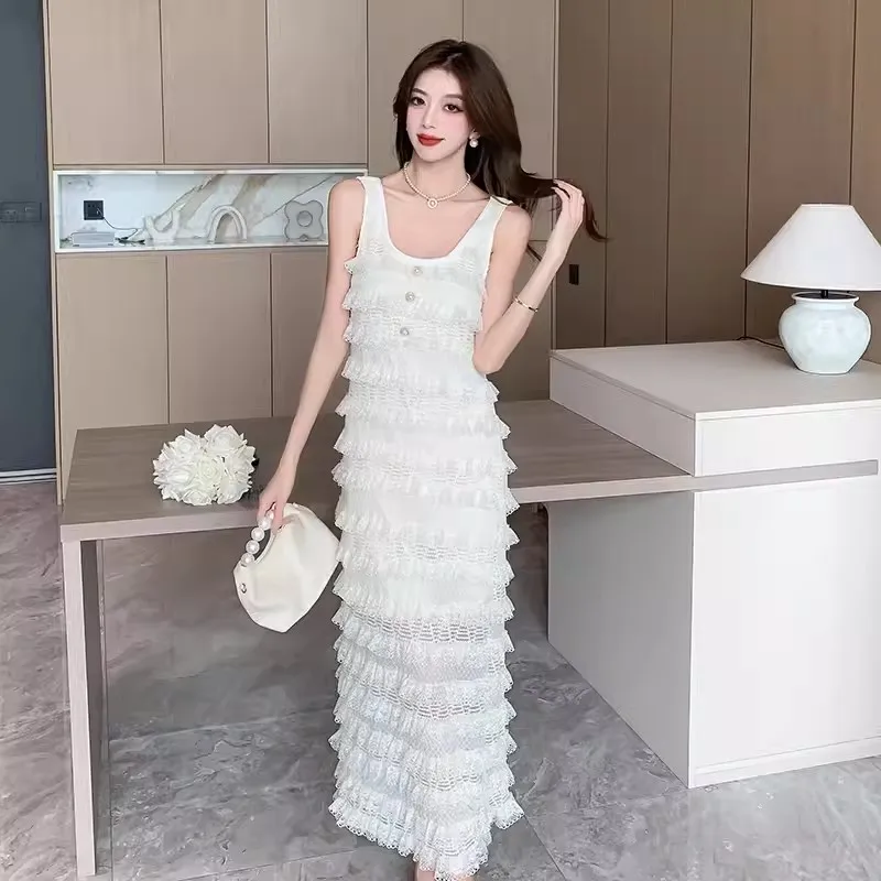 

Fashion Women's Sleeveless Summer Lace Dresses 2024 New Elegant O-neck Tank Lace Multilayer Ruffles Stretch Long Dress