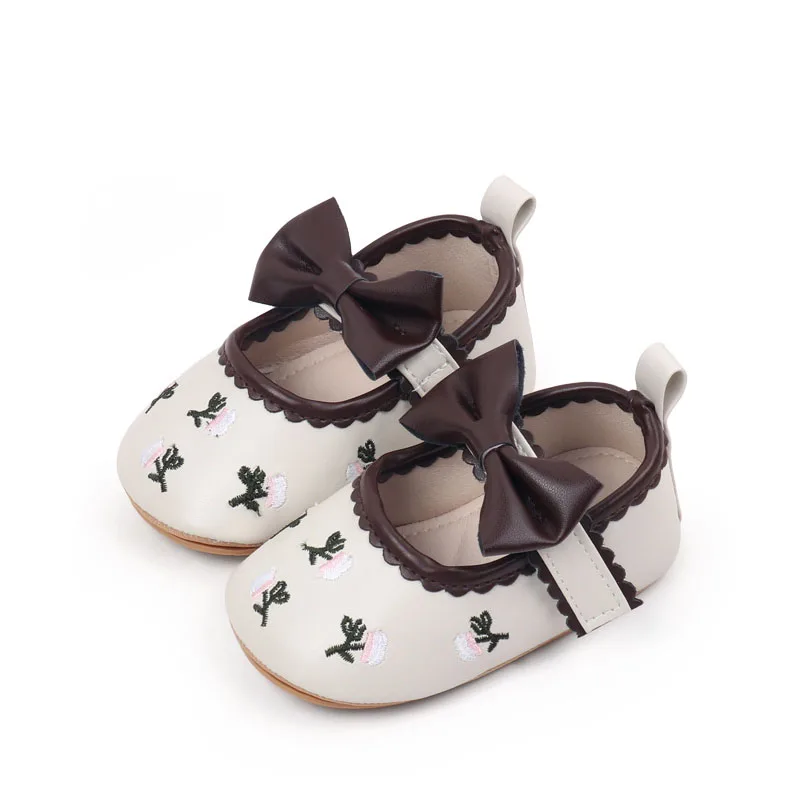Cute Floral Embroidery Dress Shoes for Baby Girls Elegant Bowknot Non-Slip Newborn Crib Shoes Mary Jane Flats for Infants
