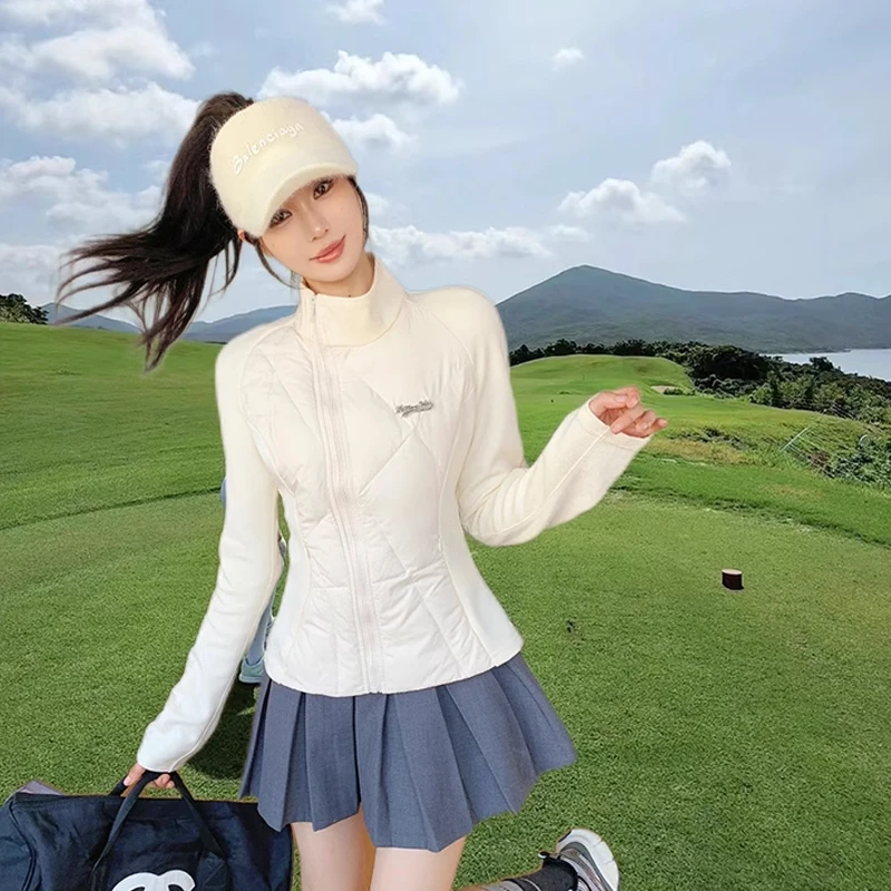 New Stand-up Collar Splicing Light Down Jacket Golf Ladies Autumn and Winter Slim-fit Sports Yoga White Long Sleeve Coat