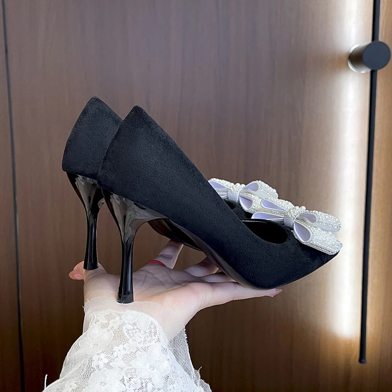 Aphixta Luxury Pearls Bow 6cm 8cm Stiletto Heels Pumps Women Black Office Casual Shoes Suede Upper High Heels