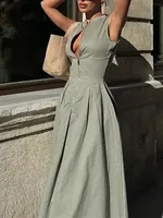 MUJER Zipper Long Dress Woman Pleated Sleeveless Bodycon Dress Summer Elegant Party Dresses For Women 2025 New Midi Dresses 5