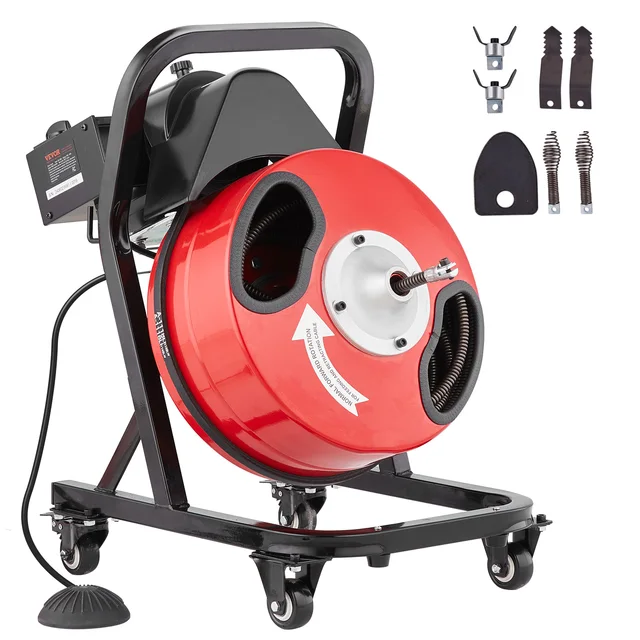 VEVOR Drain Cleaner Machine 50 FT x 1/2 Inch Manual Feed Sewer Snake Auger - with Wheels 4 Cutters & Air-activated Foot Switch 1