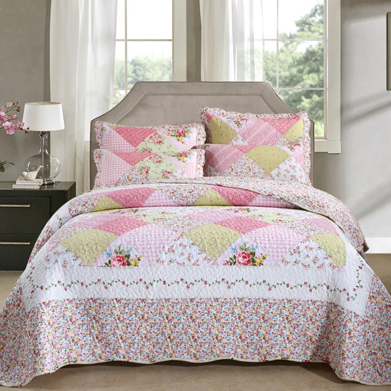 

Home Cotton Quilt Set 3PCS Bedspread on the Bed Lightweight Queen Size Floral Coverlet Quilted Blanket Cubrecam Bed Cover Colcha