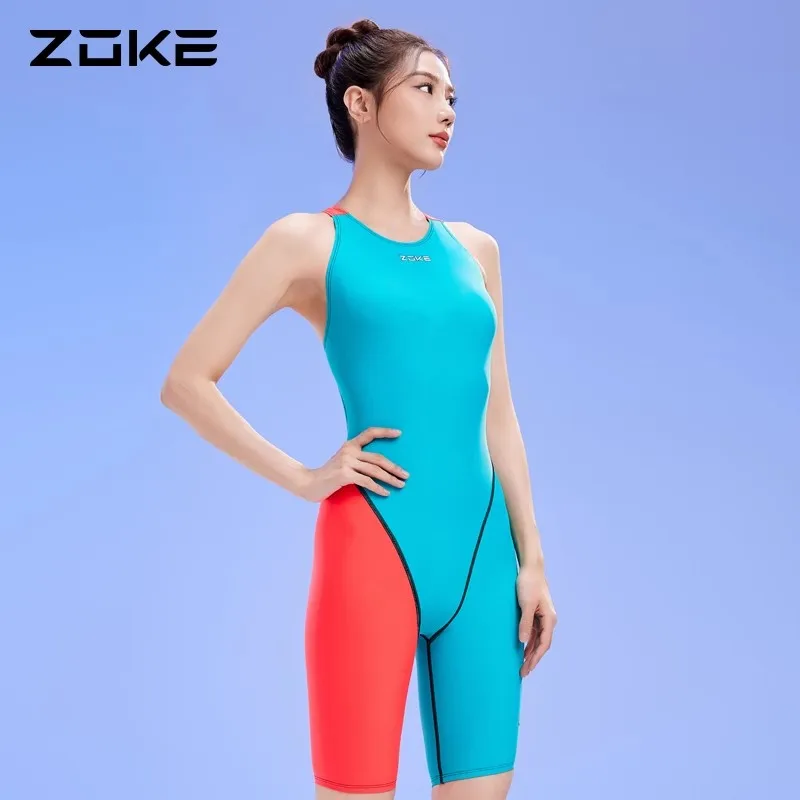 Zoke Athletic Swimsuit Women One Piece Swimwear Professional Knee Length Racing SwimsuitAnti Chlorine Training Bathing Suit