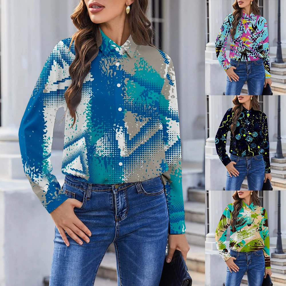 

Trendy Design Hand-painted Colorful Print Shirt For Women Autumn Turn-down Collar Long Sleeved Blouse New Ladies Button Cardigan